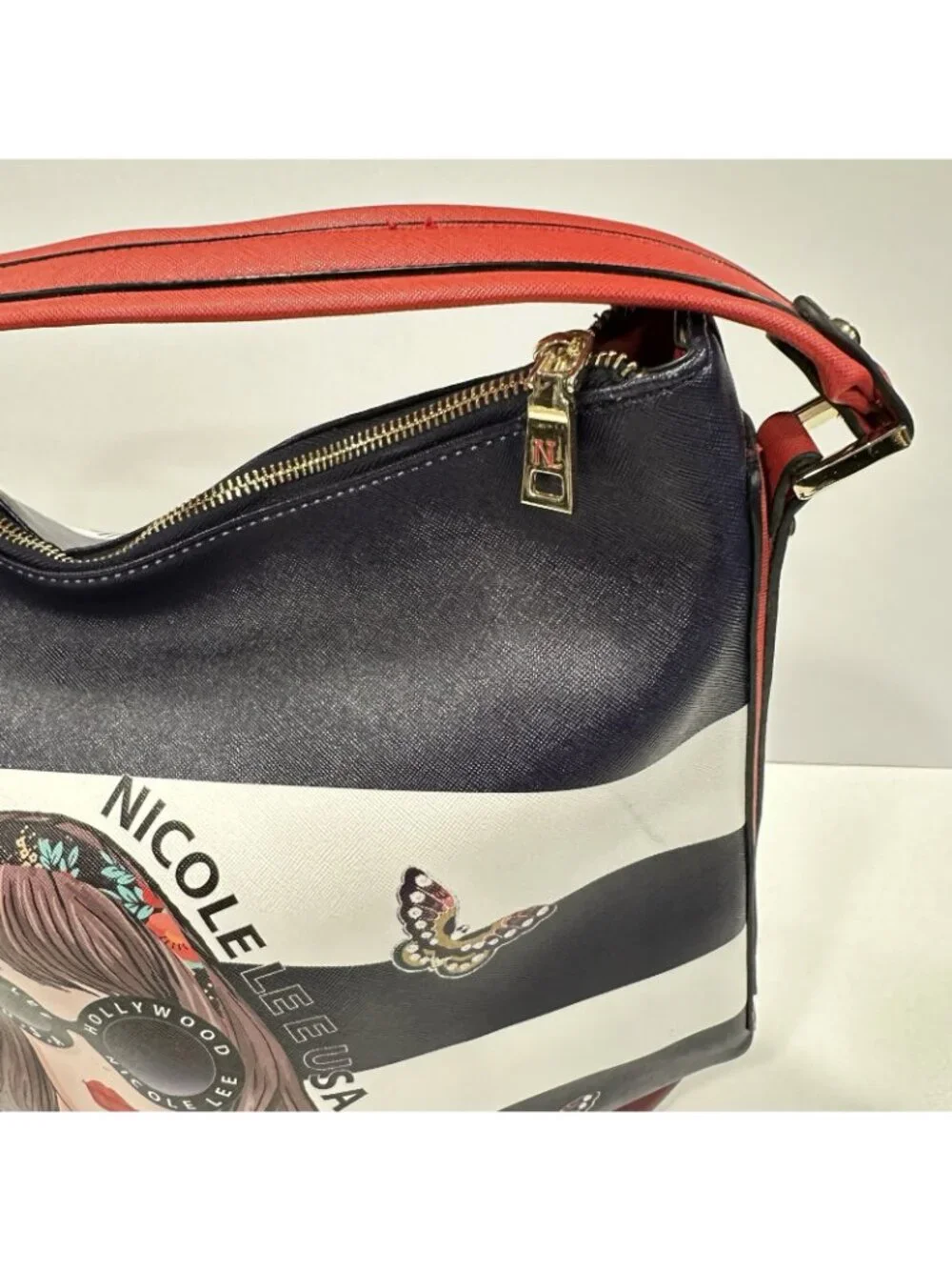 Nicole Lee Judith Loves Flower Hobo Bag Red White Blue Butterfly Floral Tote